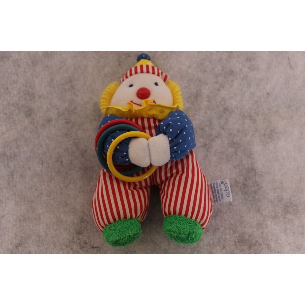 Vintage 90s Eden Toys Plush Clown Rattle Rings Infant Toy Primary Colors Striped